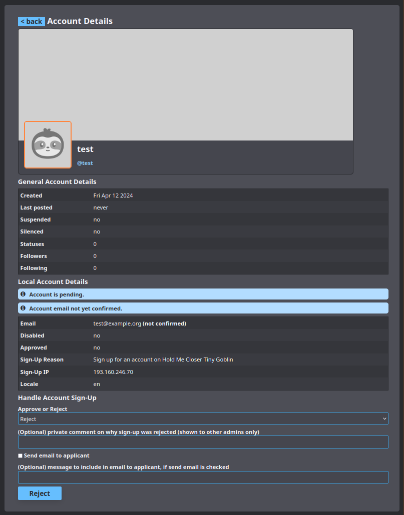 Details of a new pending account, giving options to approve or reject the sign-up.