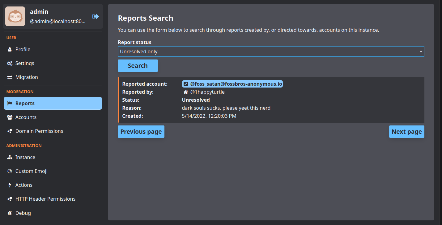 List of reports for testing, showing one open report.