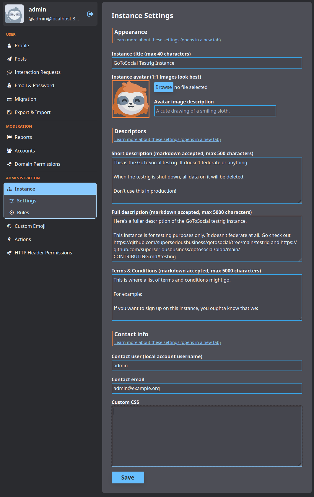 Screenshot of the GoToSocial admin panel, showing the fields to change an instance's settings